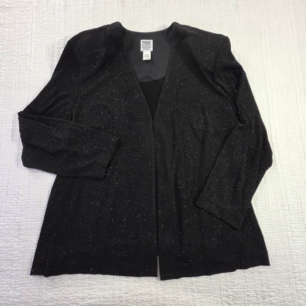 R&M Richards Karen Kwong Black Silver Sparkle Open Front Jacket EUC Plus Sz 26W